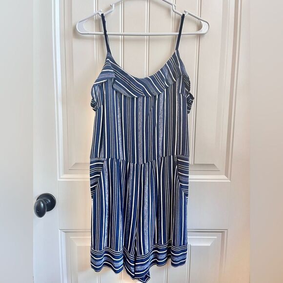 Ann Taylor Loft Romper Navy Blue White Stripes Size 8 Ruffles Shorts Pockets - Picture 1 of 5